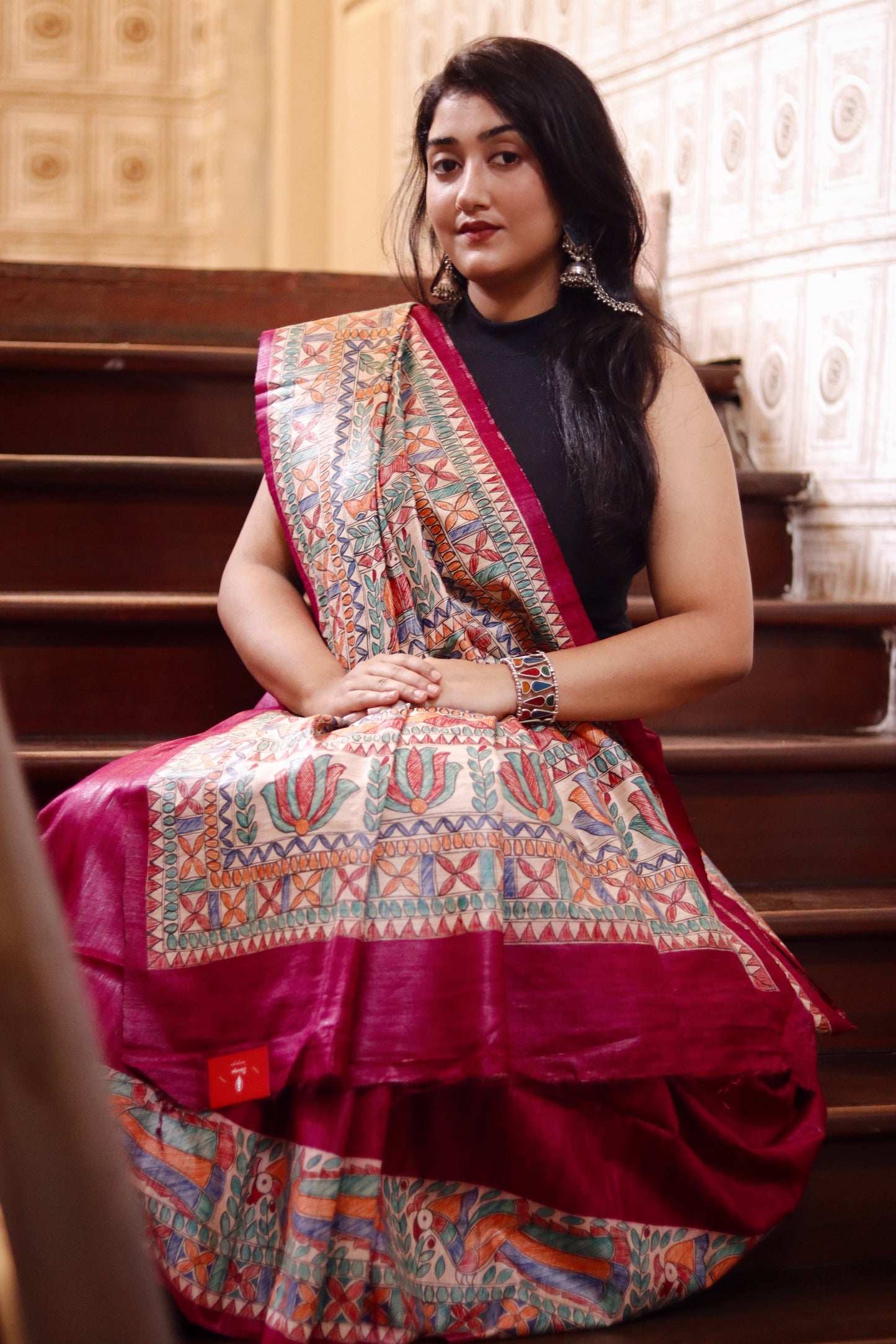 Pure Tussar Giccha Madhubani Handpainted Saree- Magenta
