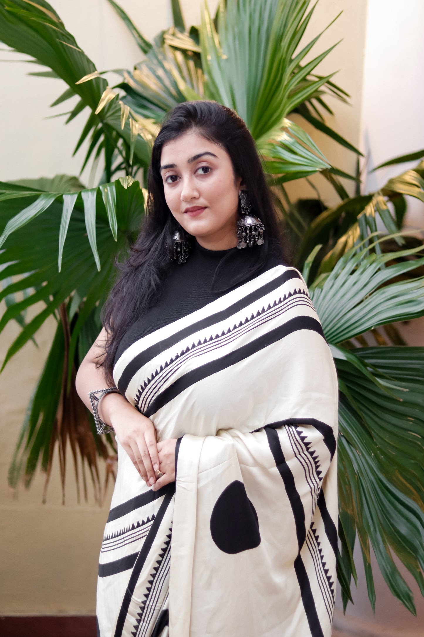 Ajrak Print Modal Silk Sarees- Chakkar Cream