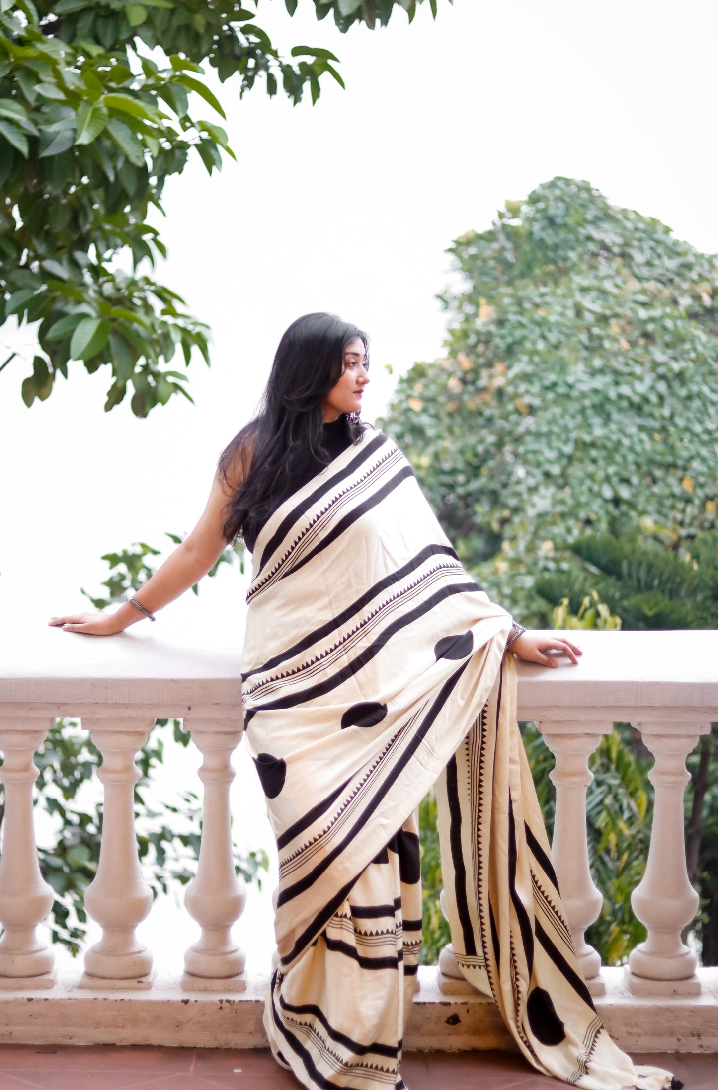 Ajrak Print Modal Silk Sarees- Chakkar Cream