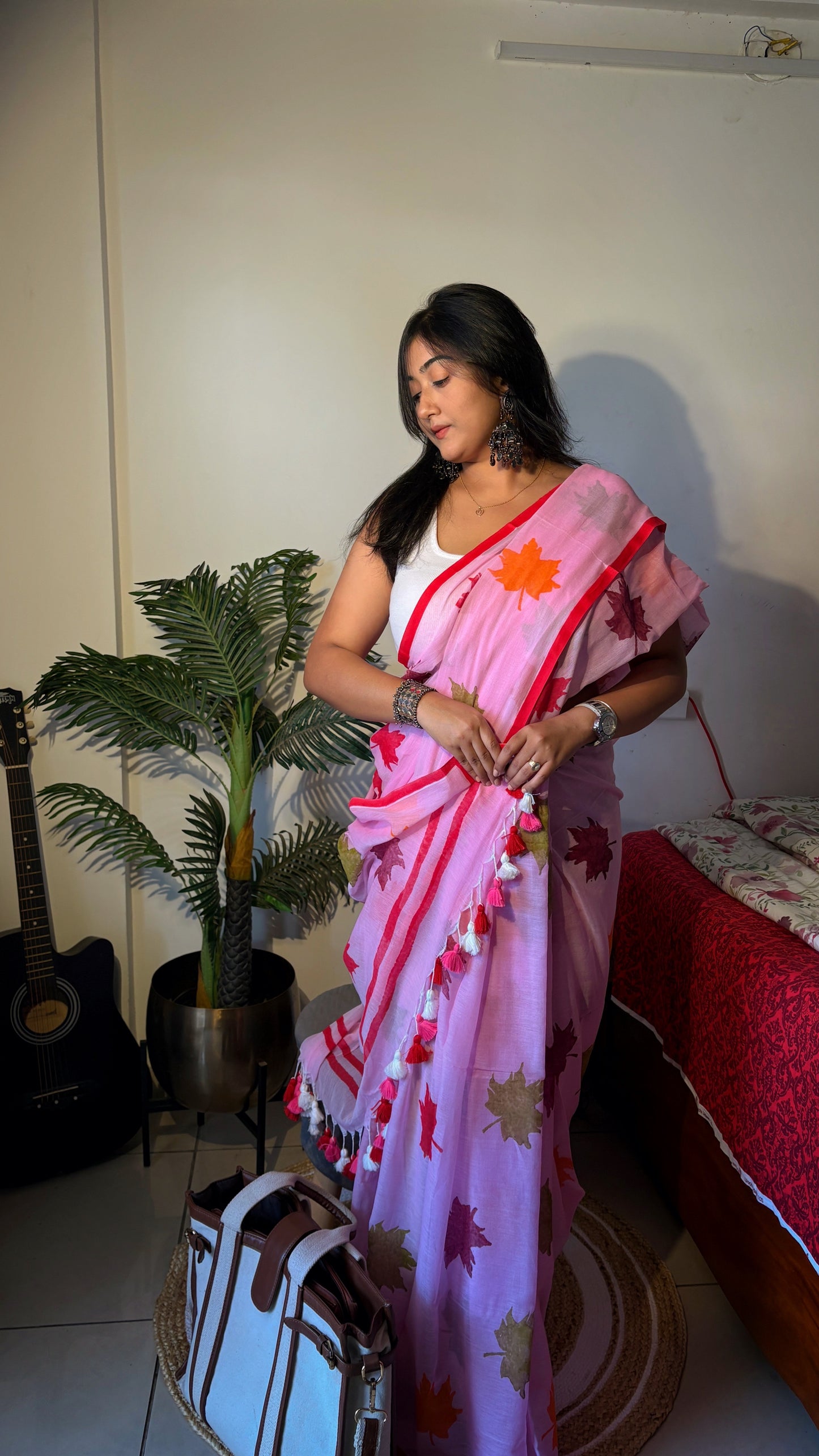 Handloom Mul cotton leaf hand block Sarees- Pink