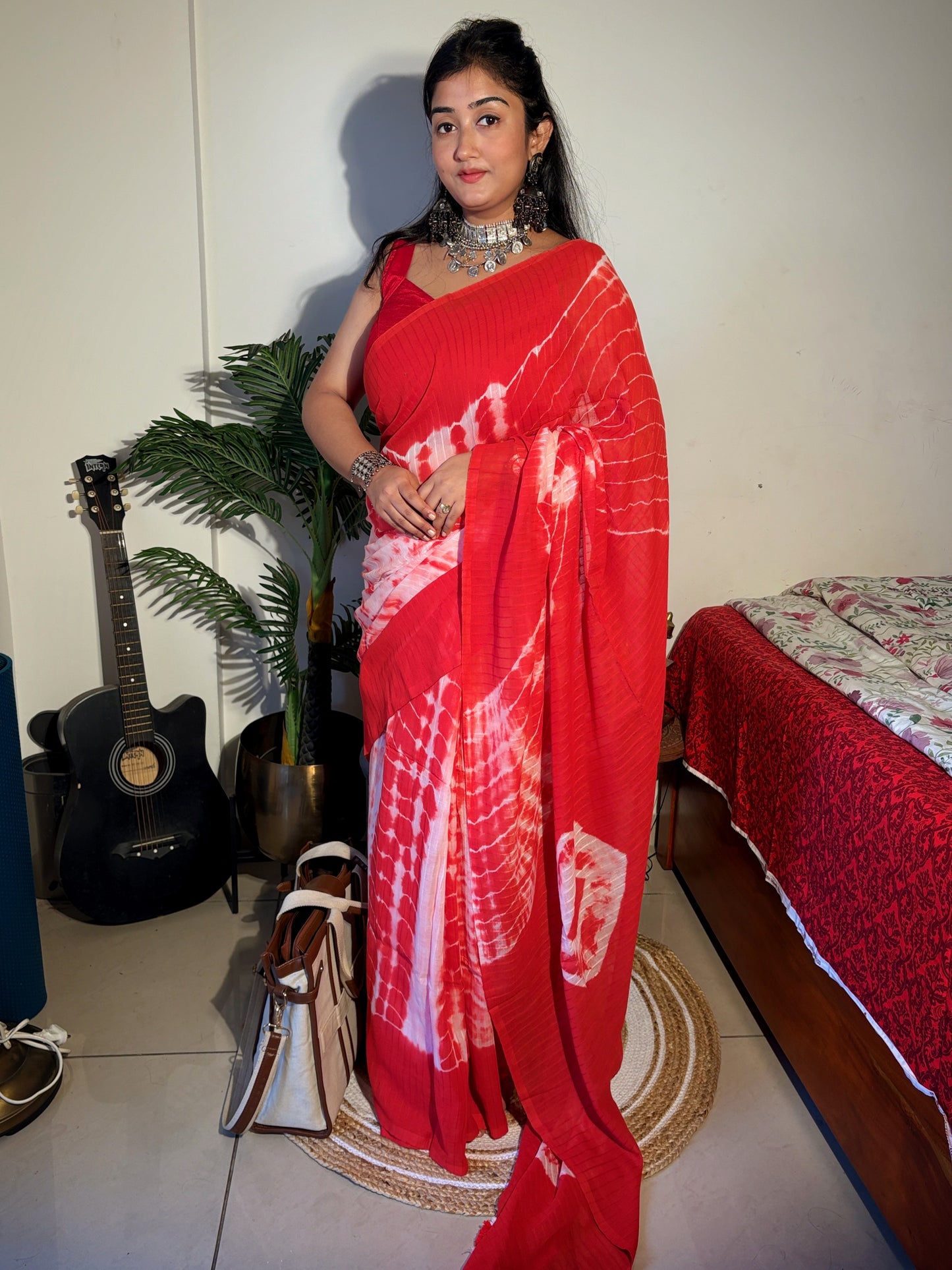 Handloom Mul cotton hand Bandhej Saree-Red