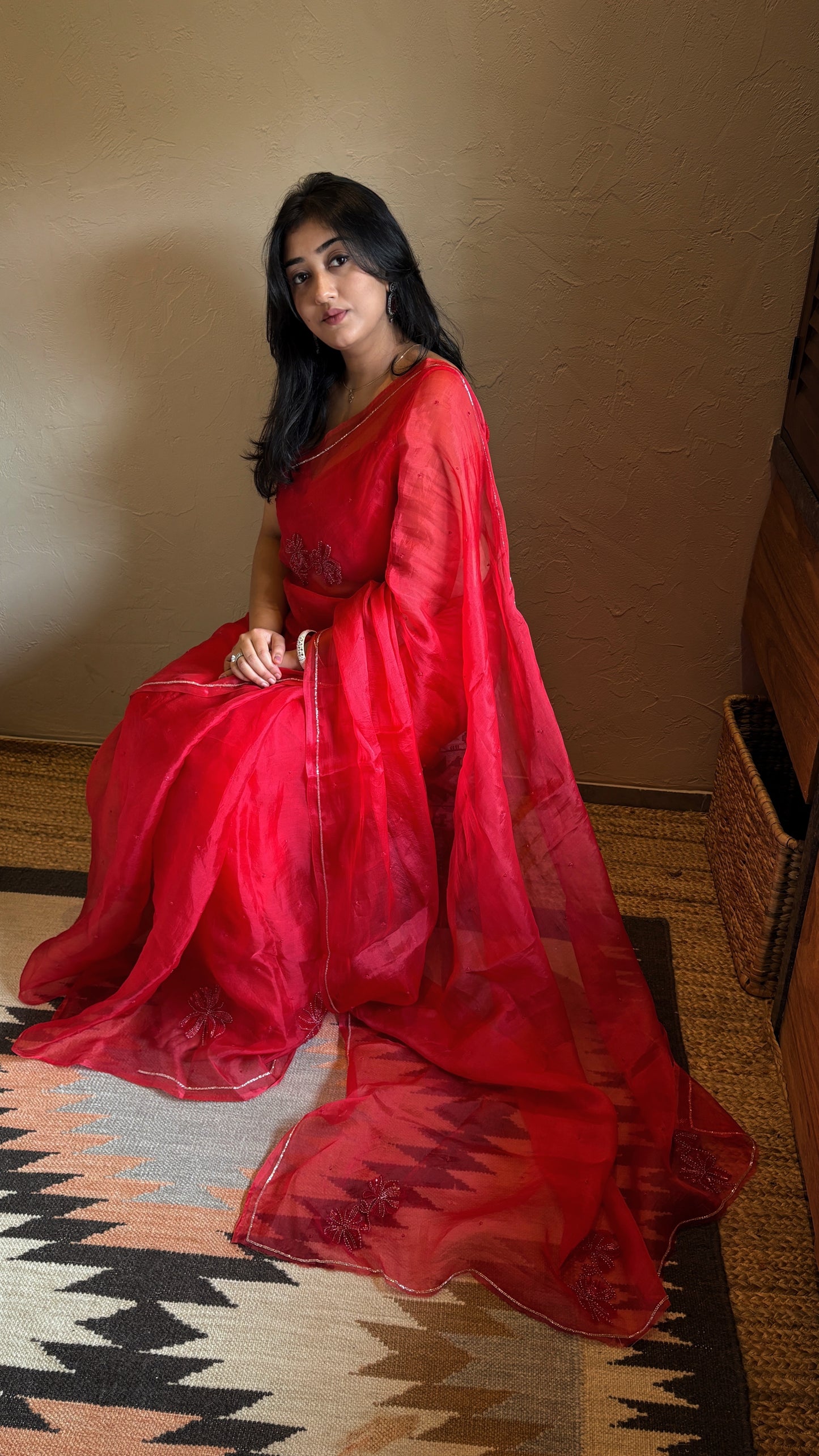 Rose handwork pure organza silk- Red