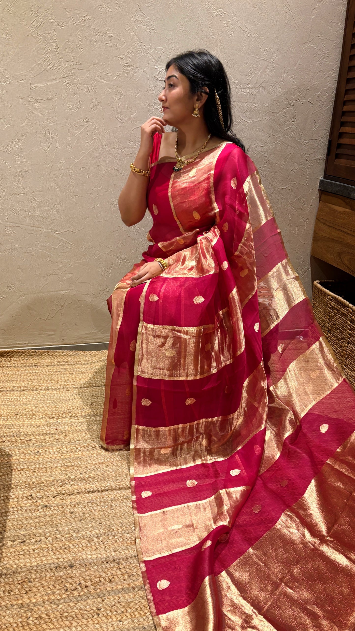 Pure Banarasi Kora Organza silk- Magenta Golden