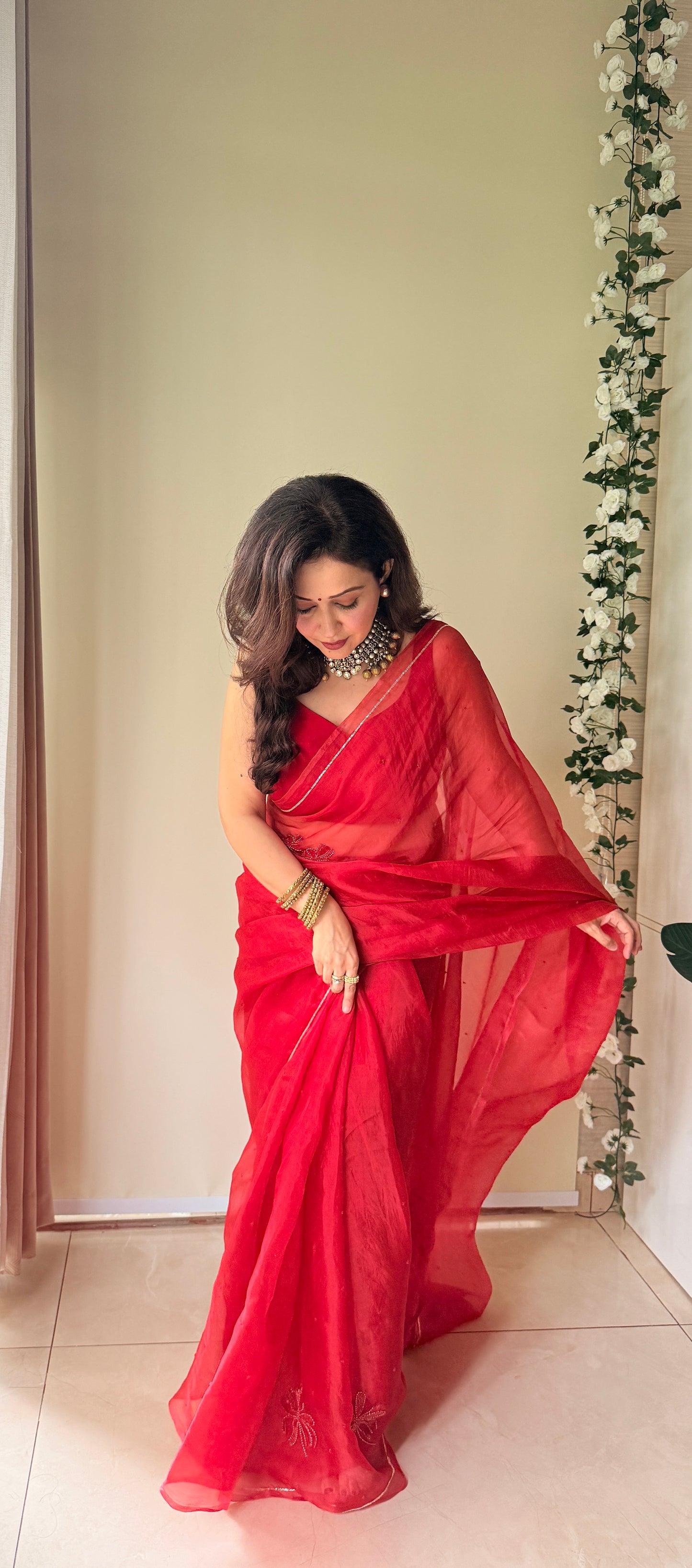 Rose handwork pure organza silk- Red