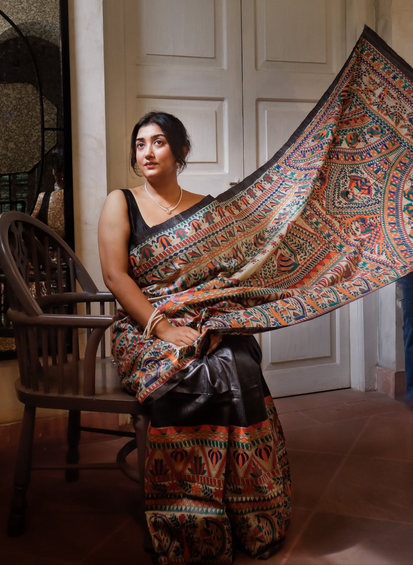 Madhubani Handpainted on Pure Tussar desi Silk - Black (Custom color available)