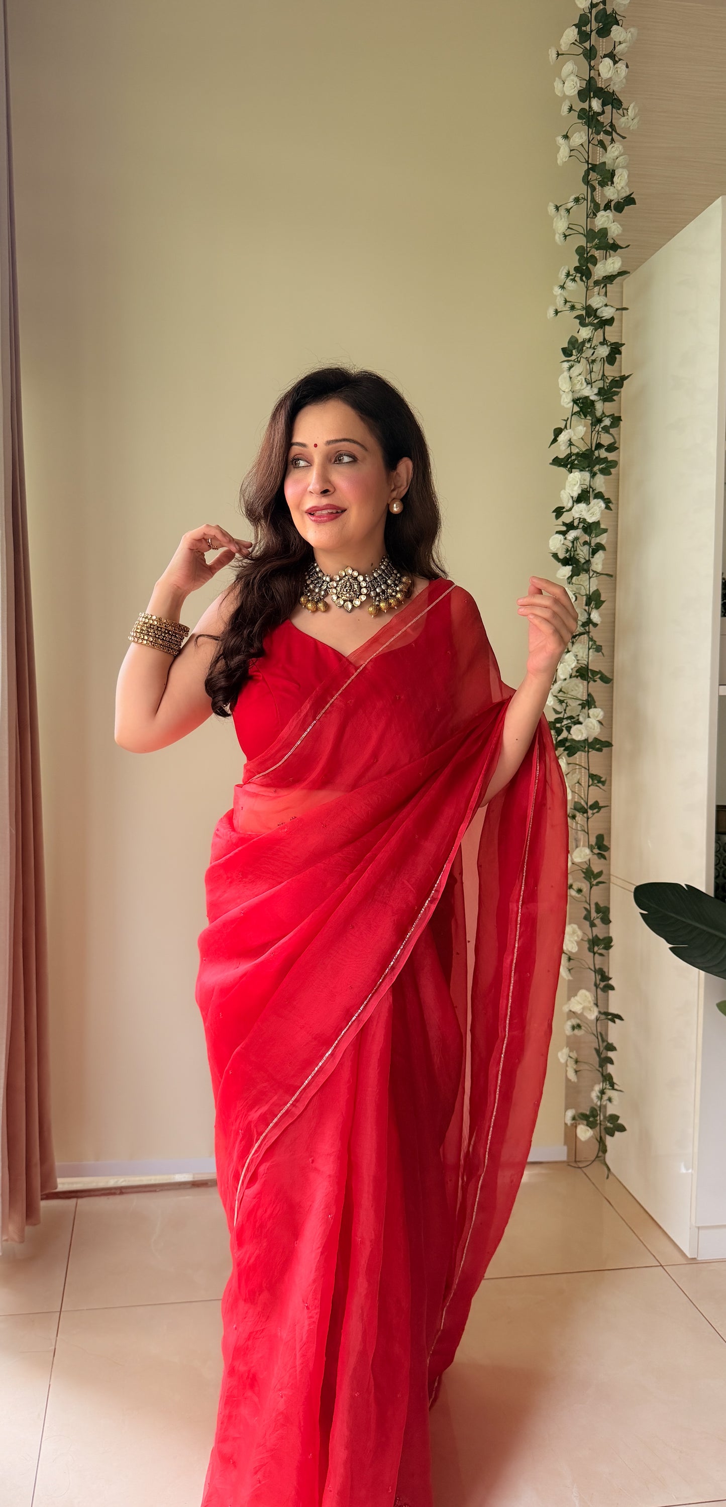 Rose handwork pure organza silk- Red