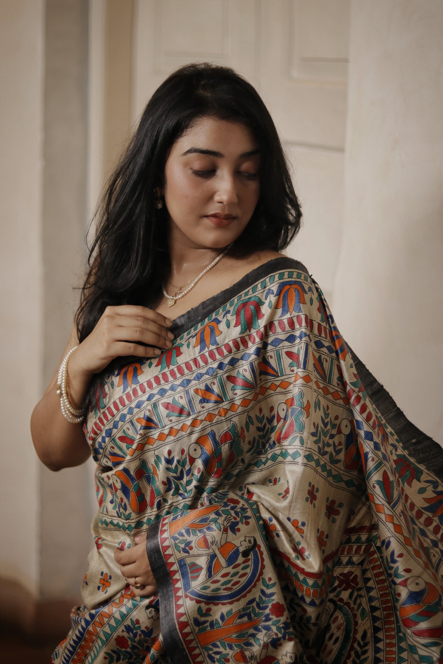 Madhubani Handpainted on Pure Tussar desi Silk - Black (Custom color available)