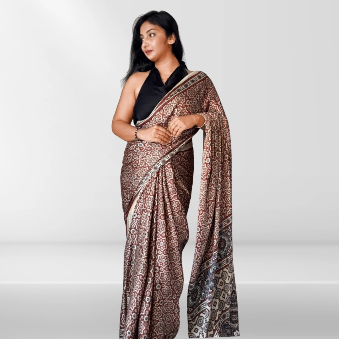 Ajrakh Modal Silk Saree- badam buta - Cream Red