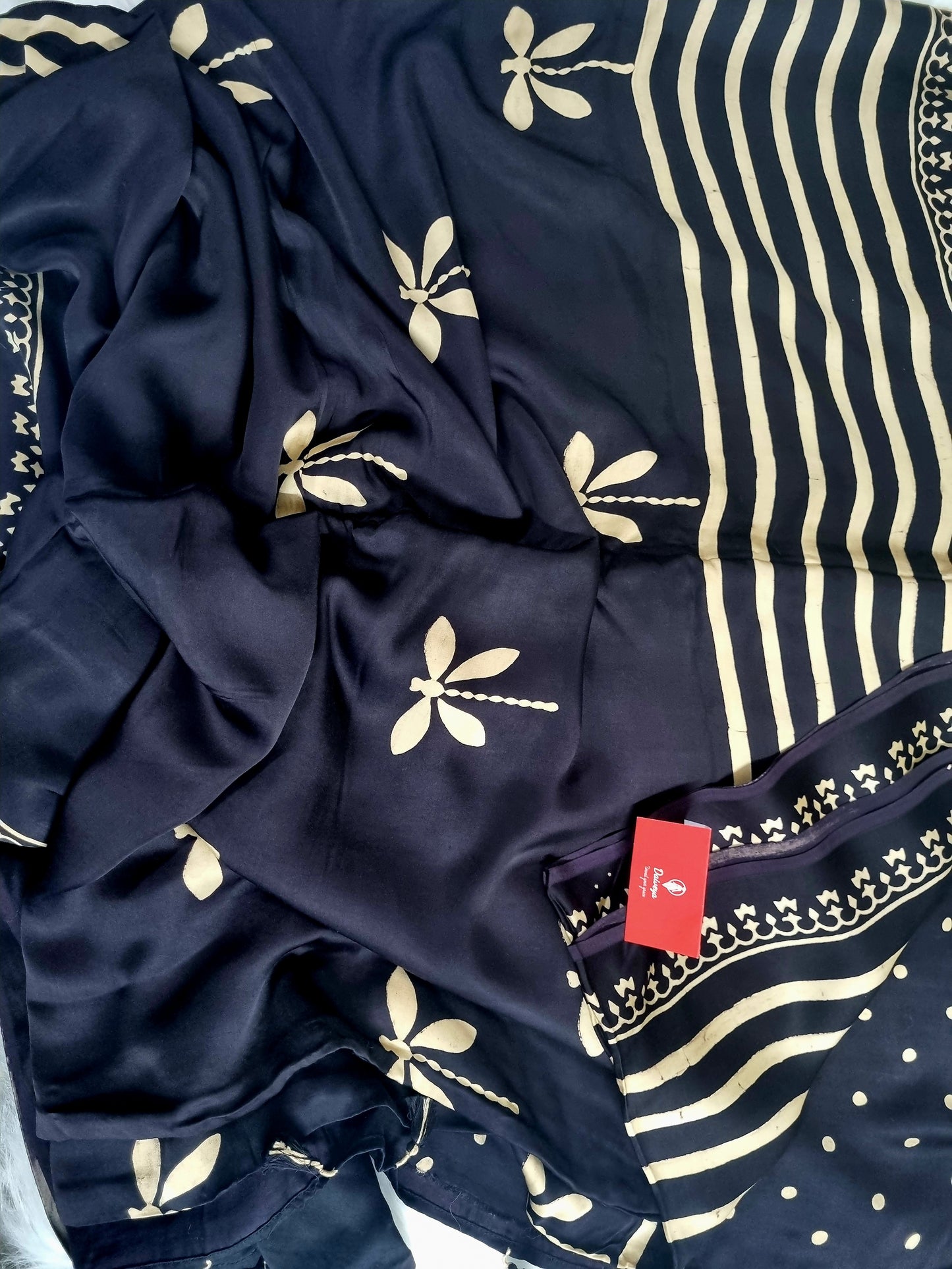 Modal Silk Sarees with Handblocked Ajrak Print- Black