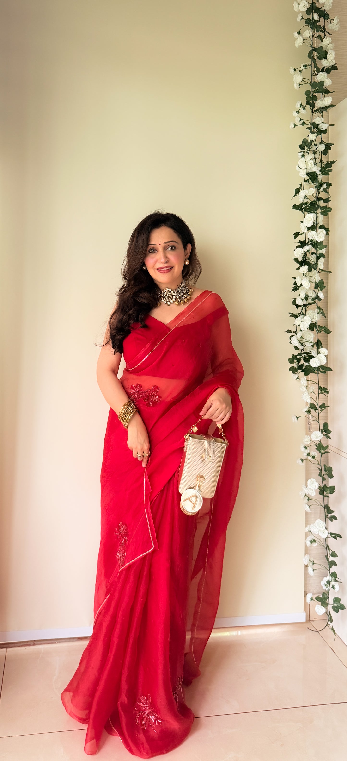 Rose handwork pure organza silk- Red