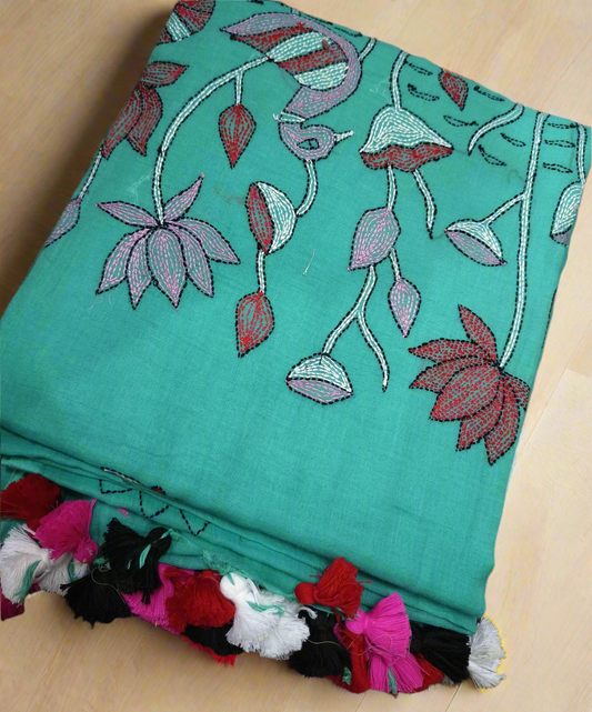 Handloom Mul Cotton Hand Kantha Stitch Saree- Teal Blue