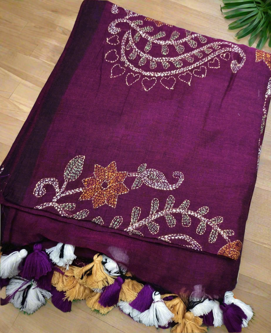 Handloom Mul Cotton Hand Kantha Stitch Saree- Purple