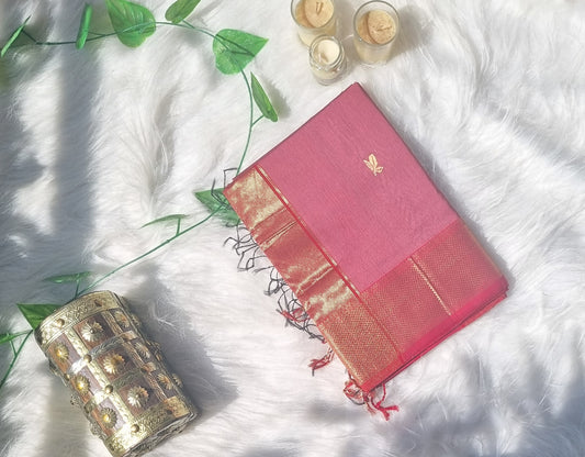 Maheshwari leaves broad border- Peach Pink and Red