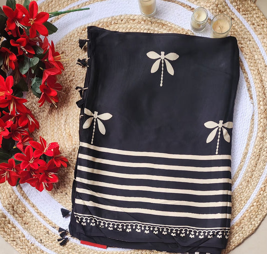 Ajrakh print Modal silk Sarees- butterfly with border