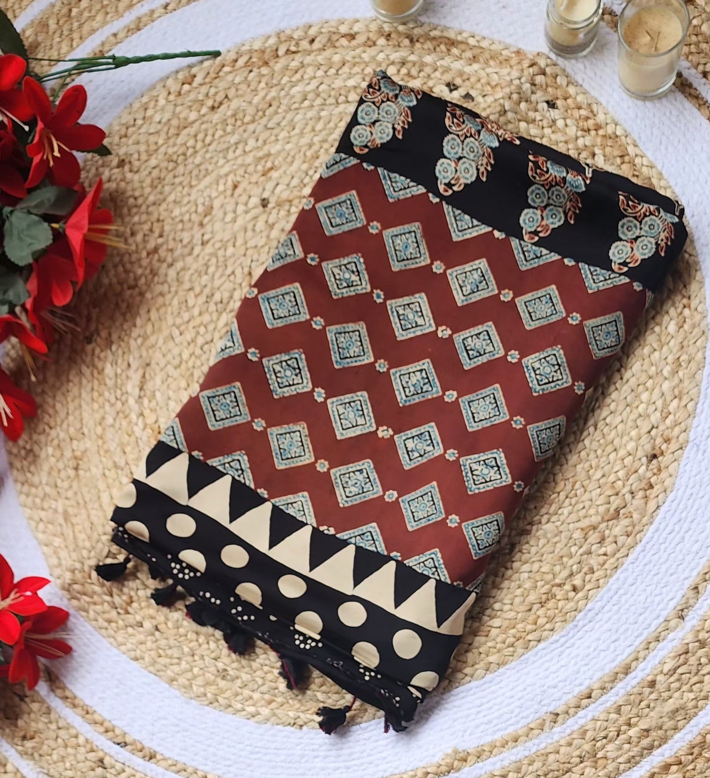 Ajrakh print Modal silk Sarees- Vintage Polka dots