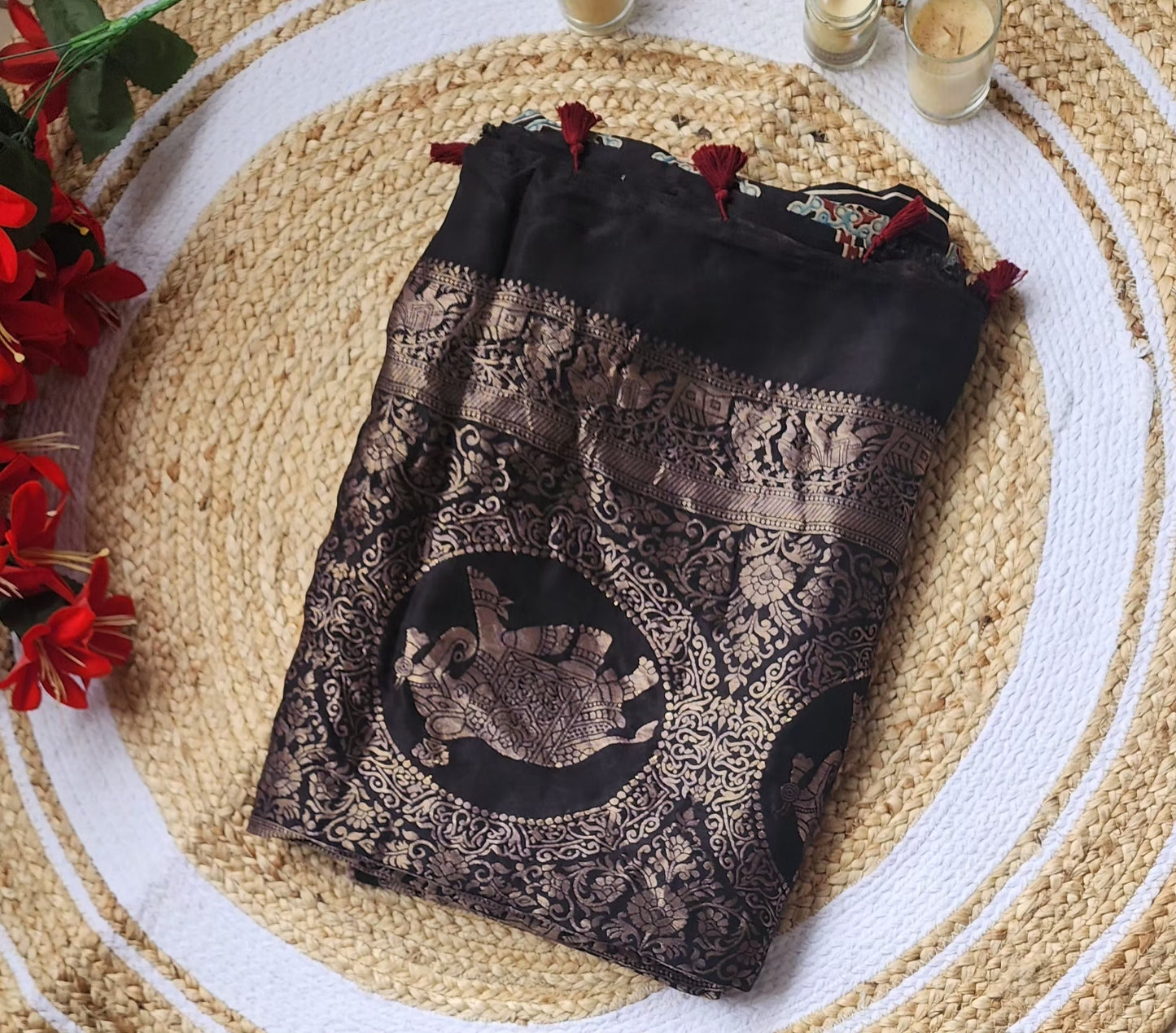 Ajrakh print Dola silk Sarees-  Stripes and Elephant zari border Black