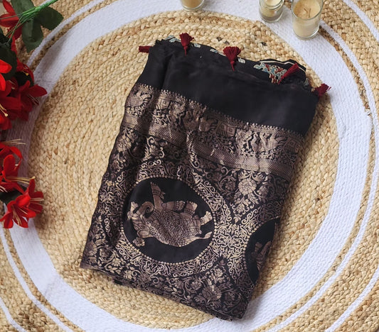 Ajrakh print Dola silk Sarees-  Stripes and Elephant zari border Black