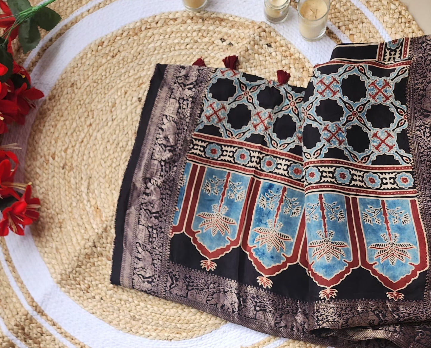Ajrakh print Dola silk Sarees-  Stripes and Elephant zari border Black