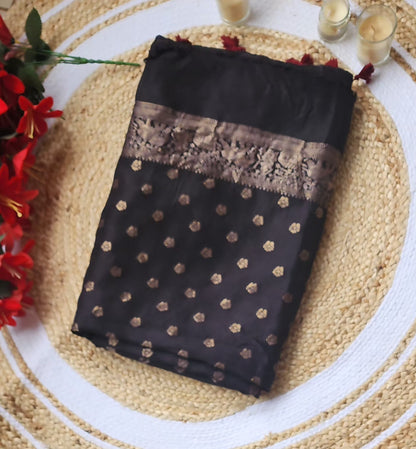 Ajrakh print Dola silk Sarees-  Stripes and Elephant zari border Black