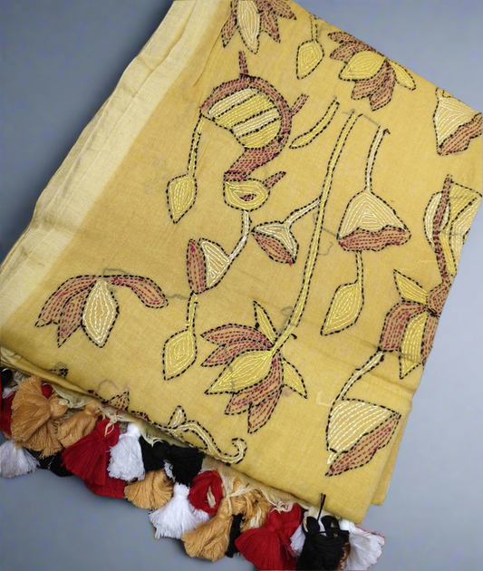 Handloom Mul Cotton Hand Kantha Stitch Saree- lime yellow