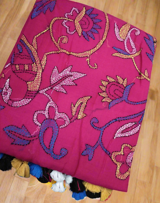 Handloom Mul Cotton Hand Kantha Stitch Saree- Magenta