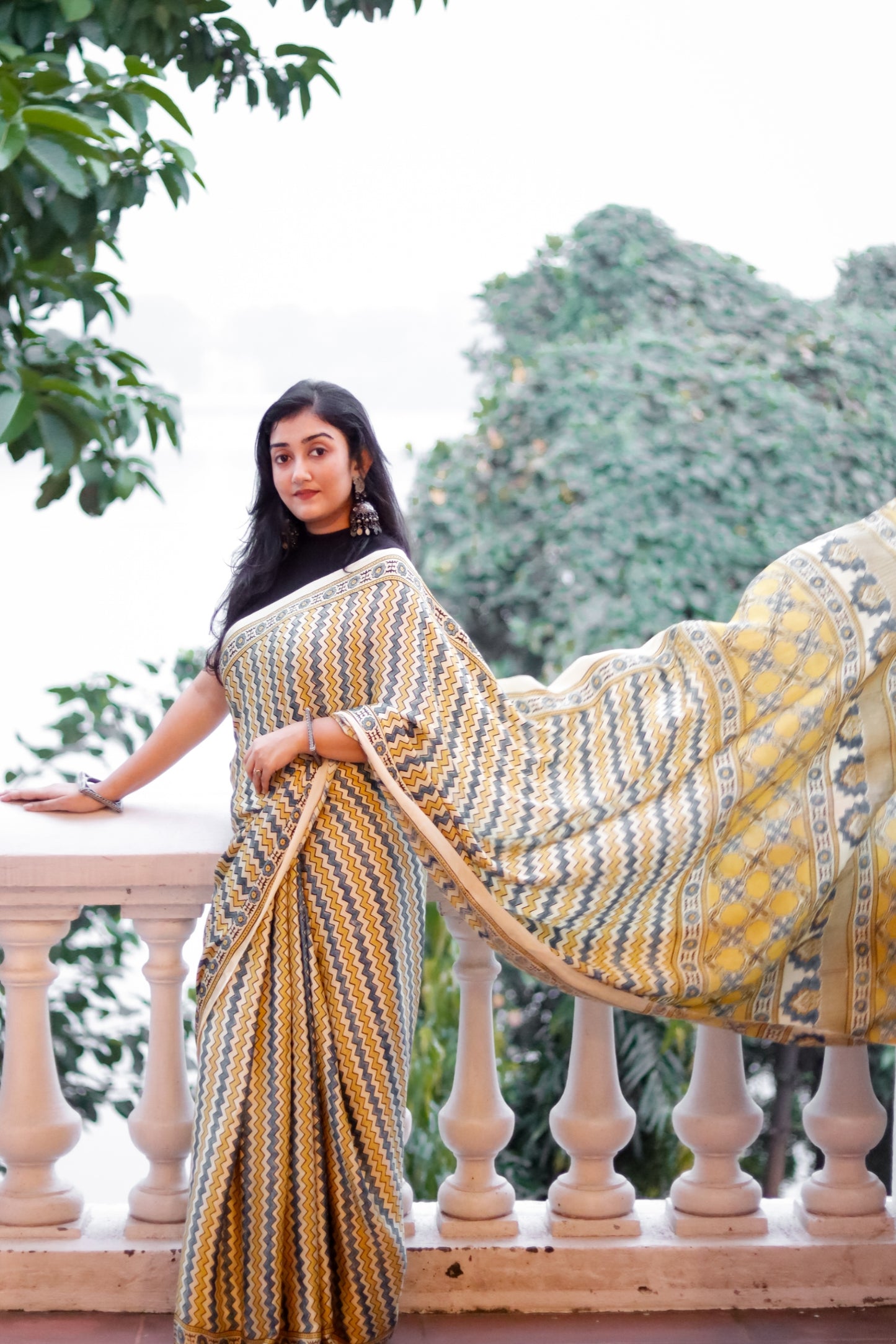 Ajrak Print Modal Silk Sarees- Leheriya yellow