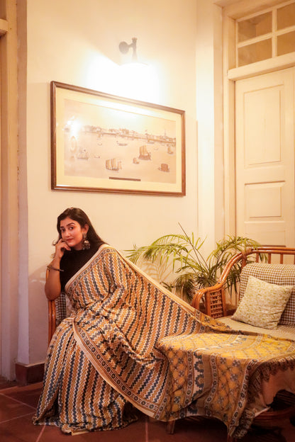 Ajrak Print Modal Silk Sarees- Leheriya yellow