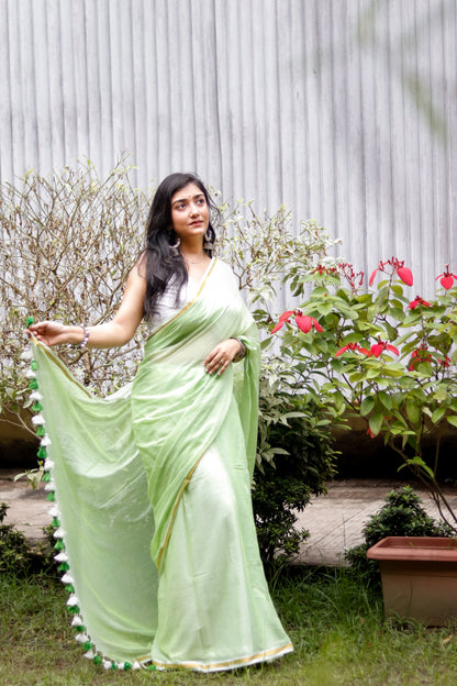 Mul cotton zari border- Soft green