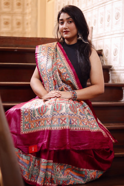 Pure Tussar Giccha Madhubani Handpainted Saree- Magenta