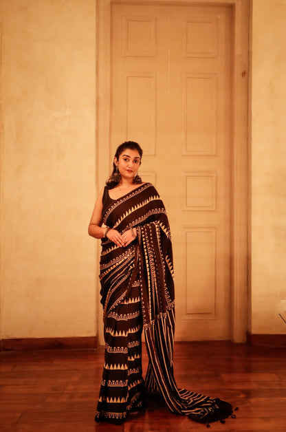 Ajrak Print Modal Silk Sarees- Leheriya Black