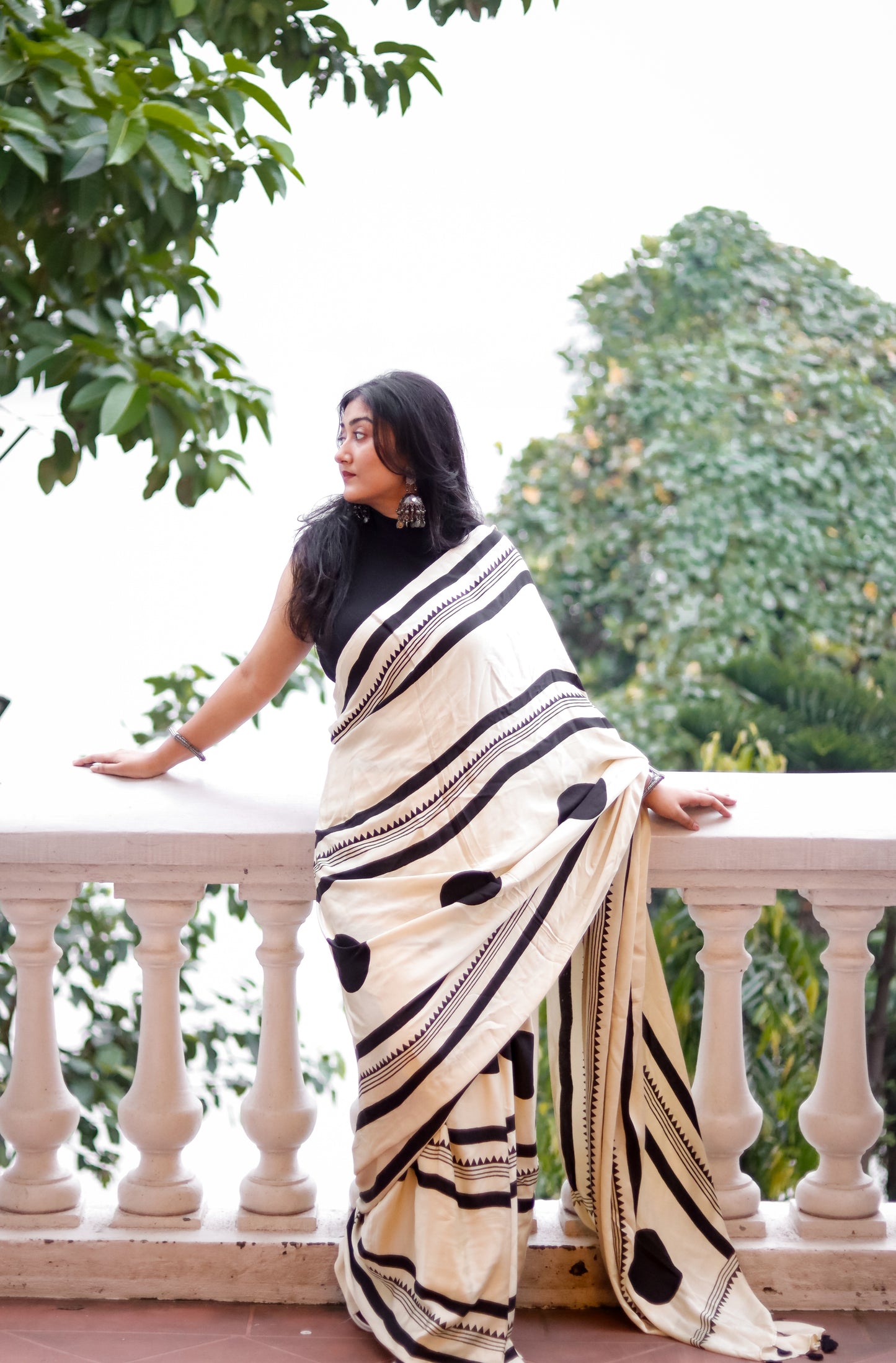 Ajrak Print Modal Silk Sarees- Chakkar Cream