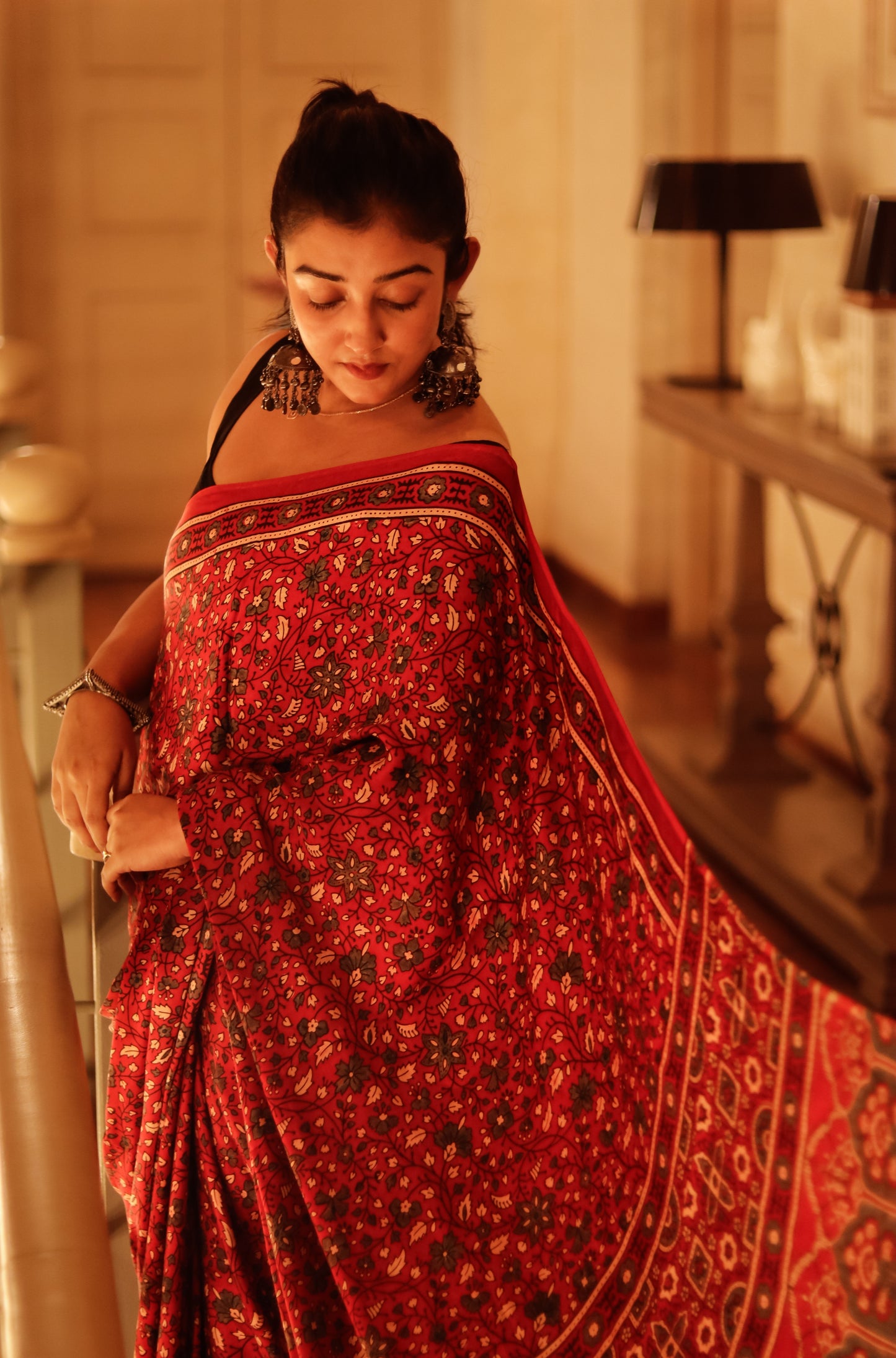 Ajrak Print Modal Silk Sarees- Floral Dark Red