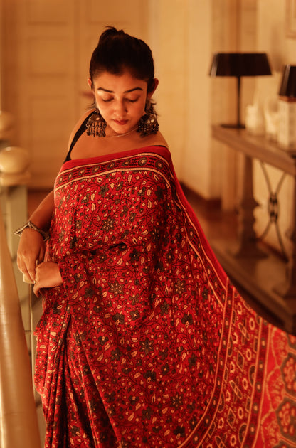 Ajrak Print Modal Silk Sarees- Floral Dark Red