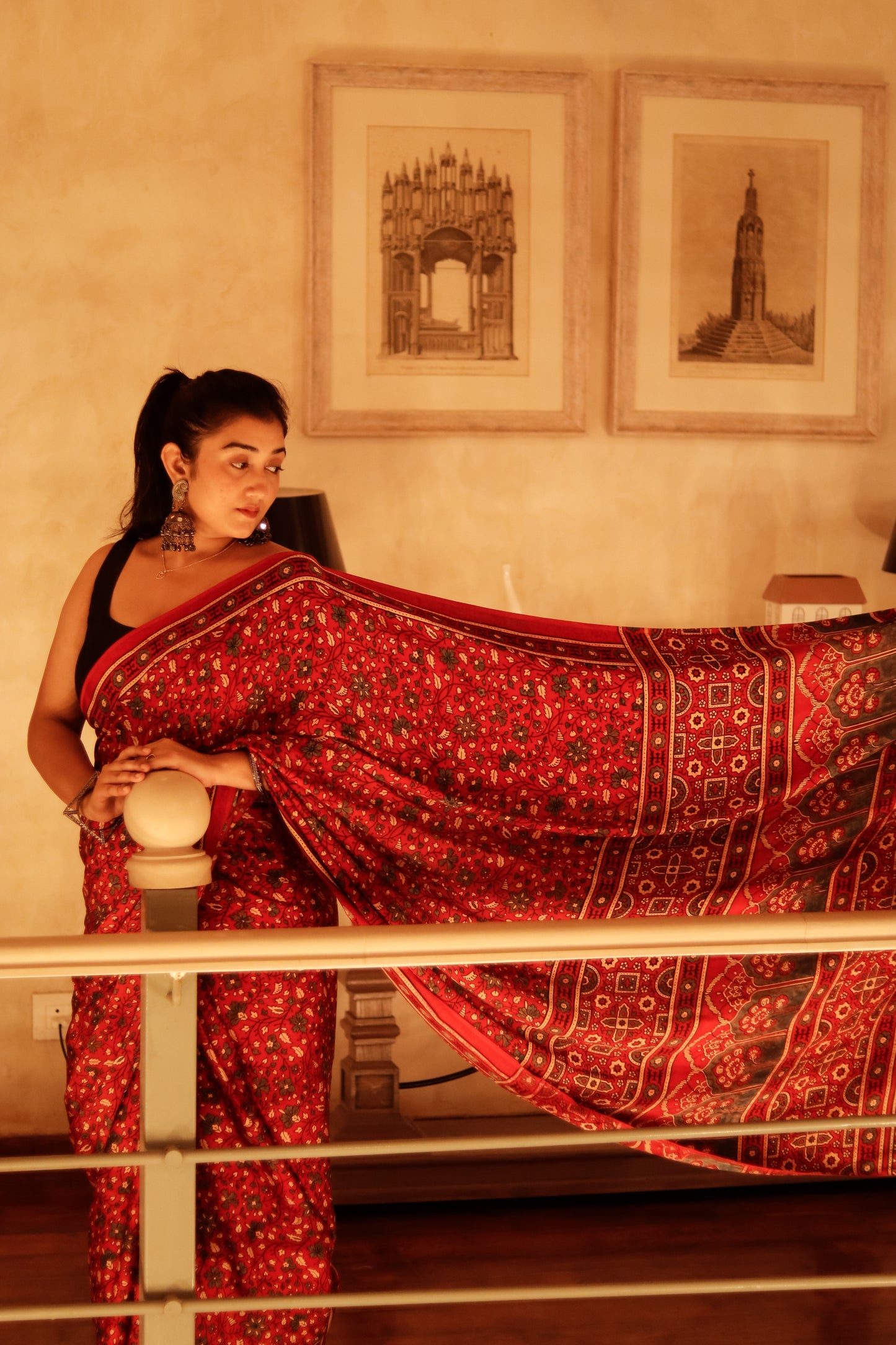 Ajrak Print Modal Silk Sarees- Floral Dark Red