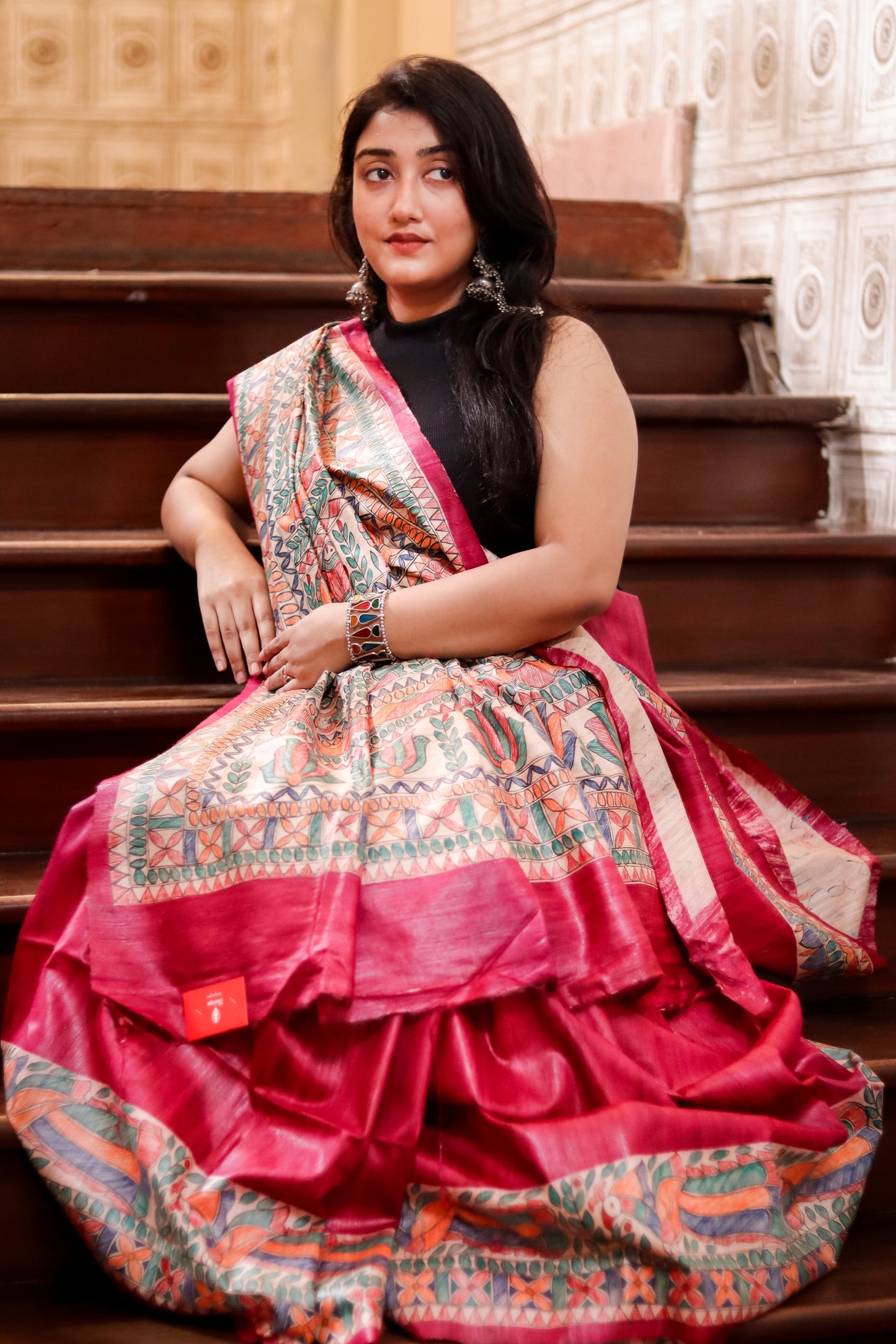 Pure Tussar Giccha Madhubani Handpainted Saree- Magenta