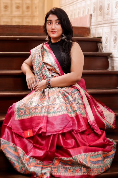 Pure Tussar Giccha Madhubani Handpainted Saree- Magenta