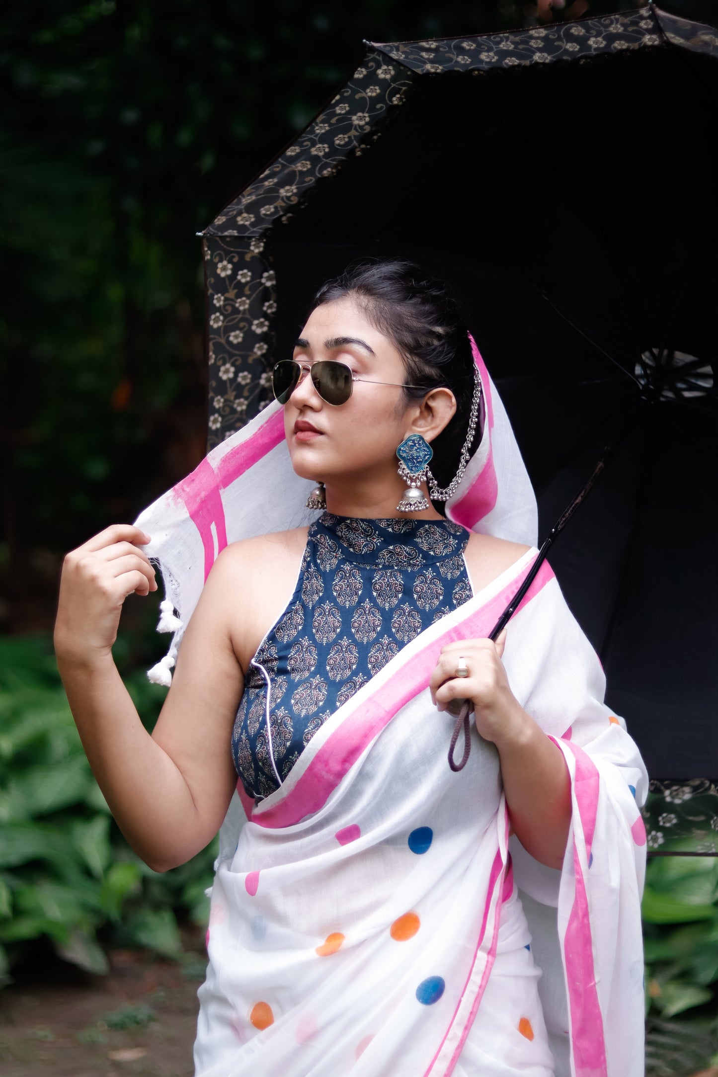 Handblocked bengal khadi Cotton Saree- white polka dots