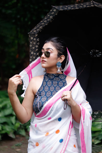 Handblocked bengal khadi Cotton Saree- white polka dots