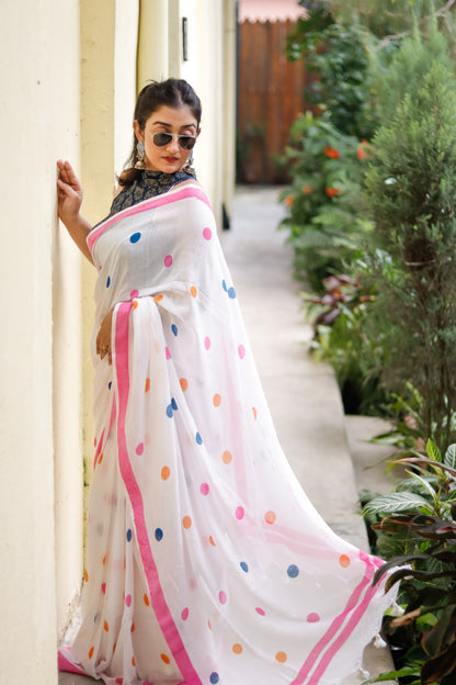 Handblocked bengal khadi Cotton Saree- white polka dots