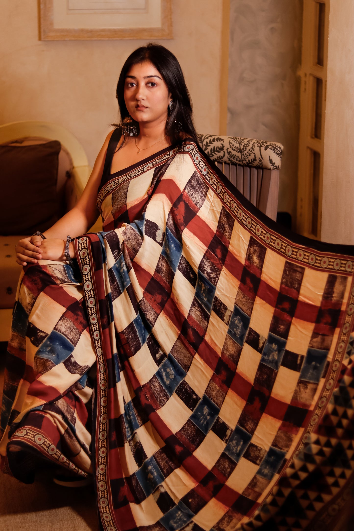 Ajrak Print Modal Silk Sarees- Geometry