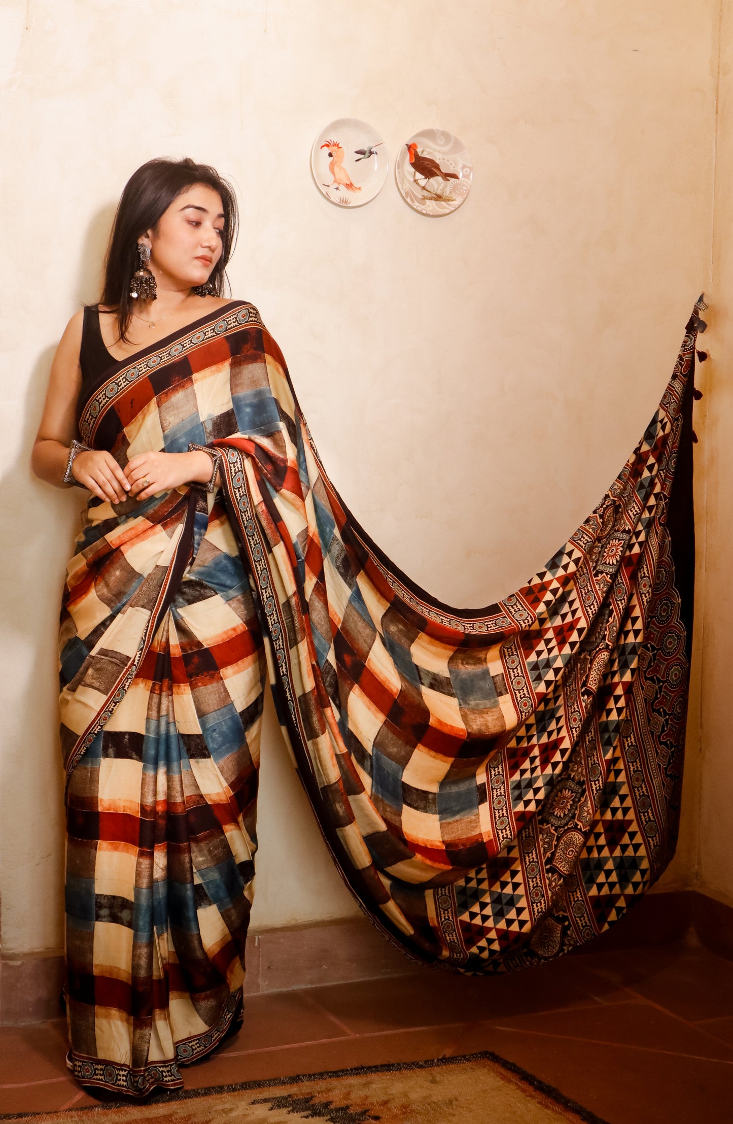 Ajrak Print Modal Silk Sarees- Geometry
