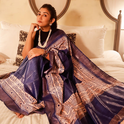 Pure Tussar screen printed Gicha Silk Saree- Royal blue