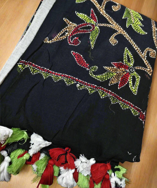 Handloom Mul cotton hand Kantha Stitch Sarees - Black