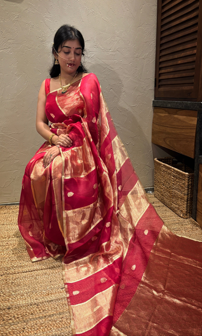 Pure Banarasi Kora Organza silk- Magenta Golden
