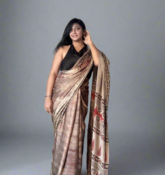Ajrakh Modal Silk Saree- Abstract Brush effect