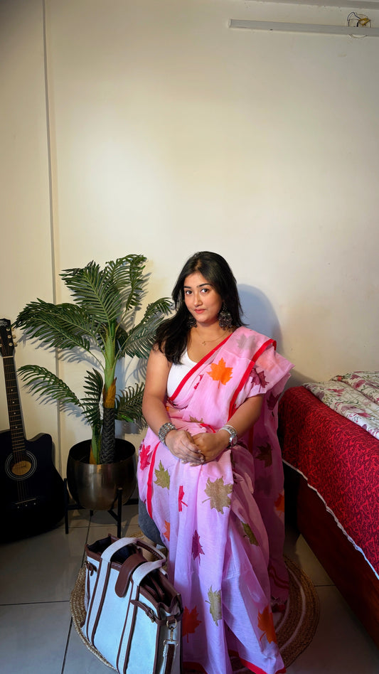 Handloom Mul cotton leaf hand block Sarees- Pink
