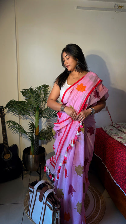 Handloom Mul cotton leaf hand block Sarees- Pink
