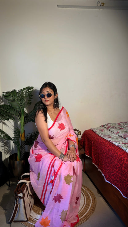 Handloom Mul cotton leaf hand block Sarees- Pink