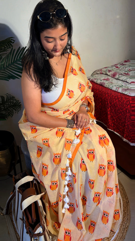Handloom Mul cotton Owl hand block Saree- Yellow