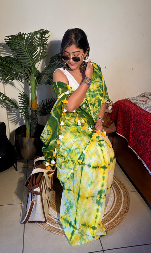 Handloom Mul cotton hand Shibhori Saree - Green yellow